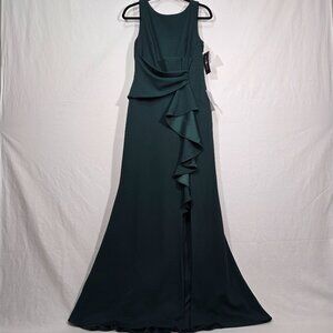 BETSY ADAM "Christine" PINE Scuba Crepe Ruffle Bow Slit Formal Gown Dress Size 8